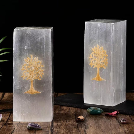 CNYANFEI 8” White Selenite Lamp with Tree of Life Etched Square Satin Spar Crystal Light for Table Decor