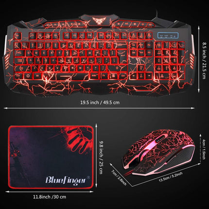 Gaming Keyboard Mouse Headset Combo,USB Wired Crack Backlit Keyboard,114 Keys Letters Glow LED Keyboard,Red LED Light Headset for Laptop PC Computer Work and Game
