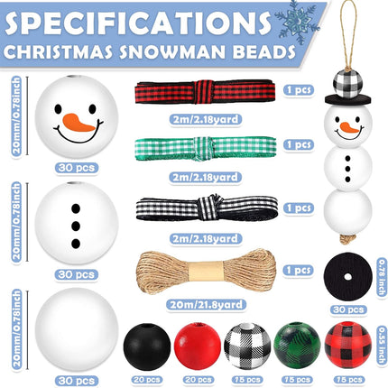TREWAVE 205 Pieces Christmas Snowman Wooden Beads Craft Project Natural Polished Wood Bead with Twine, Winter Christmas Tree Hanging Ornaments, Rustic DIY Garland Decoration for Home (Snowman)