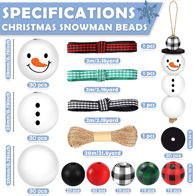 TREWAVE 205 Pieces Christmas Snowman Wooden Beads Craft Project Natural Polished Wood Bead with Twine, Winter Christmas Tree Hanging Ornaments, Rustic DIY Garland Decoration for Home (Snowman)