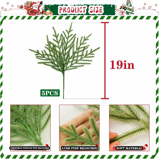 10 Pcs Christmas Norfolk Pine Branches with Red Berry Stems,19 Inch Norfolk Pine Artificial Christmas Branches, Artificial Xmas Branches Plants Pine Leaves for DIY Garland Wreath Home Decoration