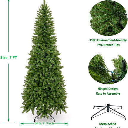 7ft Artificial Pencil Slim Christmas Tree, Includes Metal Stand, Kingswood Fir, Easy Assembly with Hinge