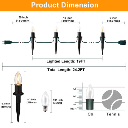 Christmas Pathway LED Lights Outdoor, 20 Lights C9 Walkway Lights with Stakes, 24.2ft Clear Driveway Christmas Lights for Pathway, Warm White, Extendable for Outdoor Decorations