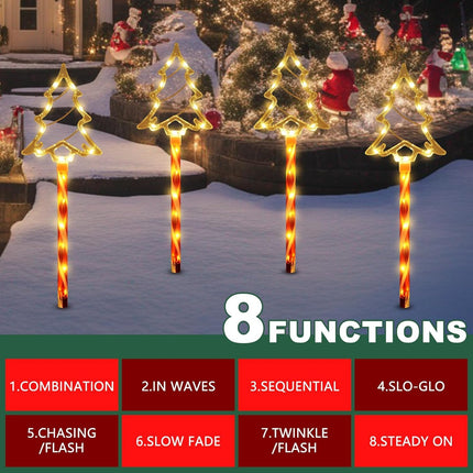 Solar Christmas Pathway Lights, Solar Tree Lights with Candy Cane Christmas Decorations Outdoor, Waterproof Solar Garden Stake Lights for Patio, Yard, Garden, Lawn Christmas Holiday Decor, 4 Pack