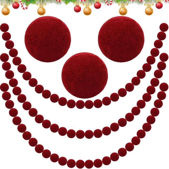 3 Pcs 9 Ft Christmas Pom Pom Garland 123 Ball Hanging Felt Ball Pompom Bead Ornament String Banner Garland for Wall Christmas Tree Indoor Home Room Decoration(Dark Red)