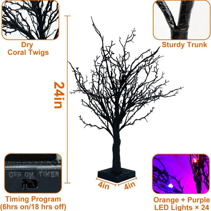 [ Timer ] 24 Inch Orange & Purple Lighted Halloween Tree with 24 LED Black Twigs Tree Lights Battery Operated Tabletop Halloween Spooky Tree Decorations for Indoor Home Party Holiday Festival Decor