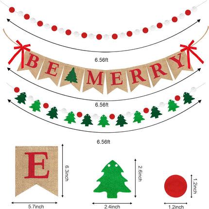 Amandir Merry Christmas Banner Burlap, Be Merry Banner Felt Ball Christmas Tree Pom Pom Garland Happy Holidays Banner for Mantle Fireplace Christmas Xmas Party Holiday Decorations Home Indoor Outdoor