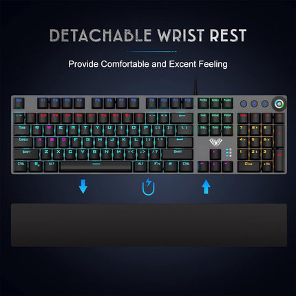AULA True Mechanical Keyboard Wired LED Rainbow Backlit Gaming Keyboard with Tactile Brown Switches Detachable Wrist Rest, Full Size 108 Keys Anti-Ghosting Computer Mechanical Keyboard - Black