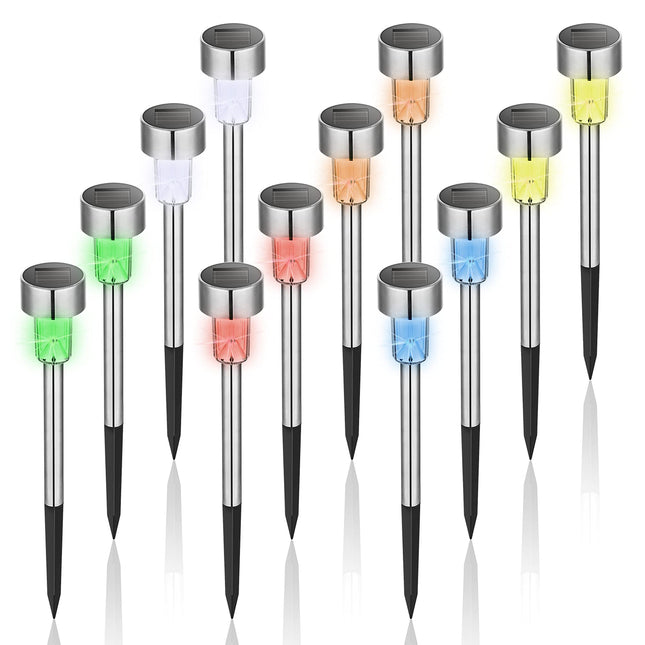 GIGALUMI Solar Lights Outdoor Waterproof, 12 Pack, Stainless Steel LED Solar Garden Lights for Patio, Lawn, Yard and Landscape, Garden Decor Patio Decor,Multicolor