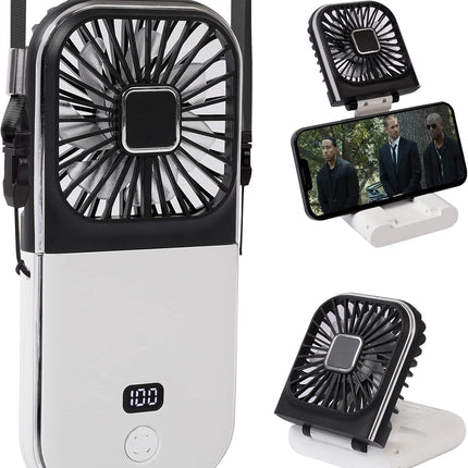 Portable Digital Display Personal Handheld Fan Foldable, Mini Quiet Usb Rechargeable Necklace Fans With 3000Mah Power Bank