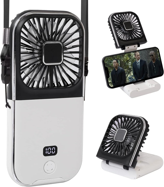 Portable Digital Display Personal Handheld Fan Foldable, Mini Quiet Usb Rechargeable Necklace Fans With 3000Mah Power Bank