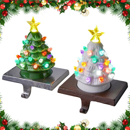 Ceramic Christmas Tree Stocking Holders for Mantle, Set of 2 Christmas Tree Stocking Hangers with LED Light for Fireplace, Green White Christmas Tree Stocking Hangers for Window Christmas Decoration