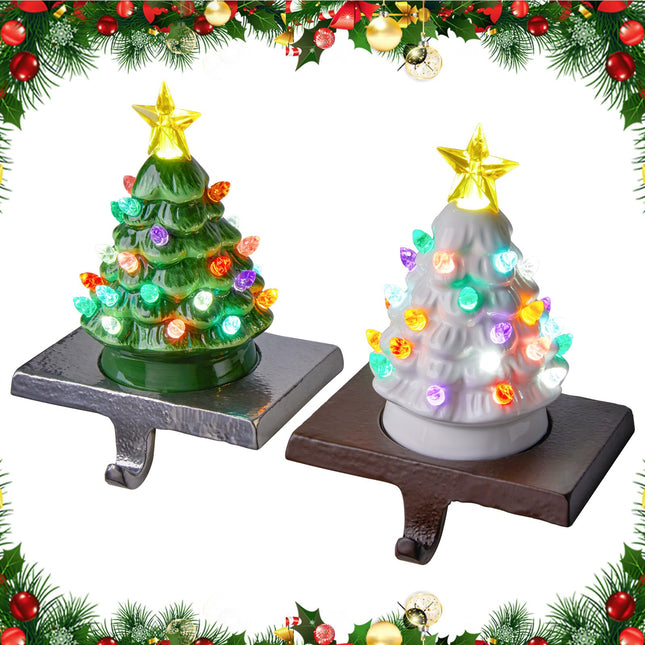 Ceramic Christmas Tree Stocking Holders for Mantle, Set of 2 Christmas Tree Stocking Hangers with LED Light for Fireplace, Green White Christmas Tree Stocking Hangers for Window Christmas Decoration