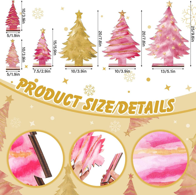6 Pcs Pink Gold Wooden Christmas Trees Tabletop Decor Rustic Wood Christmas Trees Xmas Centerpieces Table Wooden Signs Farmhouse Table Home Decor for Home Office Farmhouse