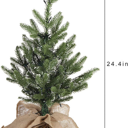 MorTime 24 Inch Mini Artificial Christmas Tree with 50 LED Lights, 2 ft Table Top Christmas Pine Tree 29 Tips with Burlap Wooden Base, Christmas Winter Home Decorations