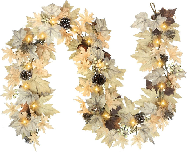 Realistic Fall Garland with Lights, 6 FT Real Touch Feel Fall Leaves Garland with Berries Pine Cones, Fall Decorations for Home Thanksgiving Halloween Decorations Indoor Farmhouse Porch Fireplace