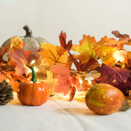 Artiflr 2 Pack Fall Garland Maple Leaf with 16.4Ft 40 LED String Light, 5.9Ft/Piece Hanging Vine Garland Artificial Autumn Foliage Garland Thanksgiving Decor for Home Wedding Fireplace Party Christmas
