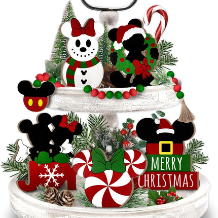 Christmas Tiered Tray Decor, Cartoon Mouse Tray Decorations, Snowman Candy Wooden Signs Wood Bead Garland, Farmhouse Rustic Winter Merry Xmas Decorations for Home Table Shelf Party Holiday 6PCs