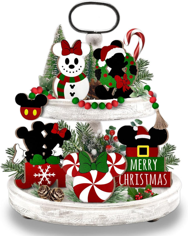Christmas Tiered Tray Decor, Cartoon Mouse Tray Decorations, Snowman Candy Wooden Signs Wood Bead Garland, Farmhouse Rustic Winter Merry Xmas Decorations for Home Table Shelf Party Holiday 6PCs