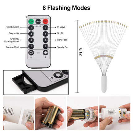Firework Lights, 8 Pack LED Copper Wire Fireworks Lights Fairy Lights Christmas Fireworks Hanging Dimmable String 8 Modes Waterproof with Remote Control for Christmas Wedding Garden