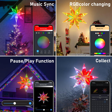 Smart Christmas Star Tree Topper, 15.5" Holographic 3D Star Treetop App Programmable Dimmable Tree Topper with 20 RGB LEDs Lights Xmas Star Tree Topper for Christmas Tree Party Home Holiday Decor