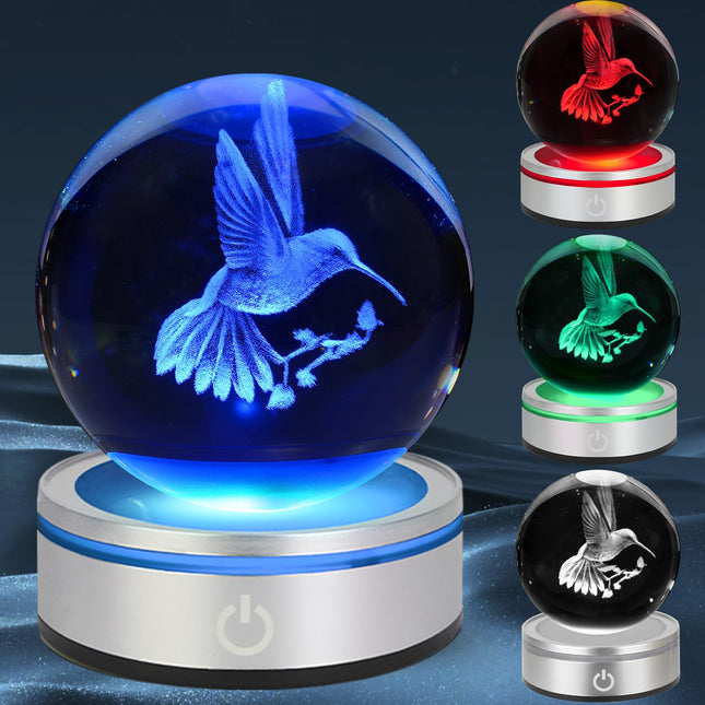 3D Hummingbird Crystal Ball Night Light with LED Colorful Touch Base 3.15 in Hummingbird Figurine Glass Sphere Lamp for Birthday Christmas, Cute Hummingbird Home Decor s for Kids Teens Women