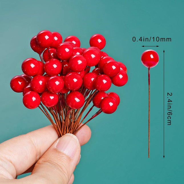 Lystaii 200pcs Artificial Holly Berries Mini 10 mm Christmas Fake Berries with Wire Stems Artificial Berry Fake Berry Stems Picks for Christmas Tree Decorations Wreath Craft Wedding Party Decor (Red)