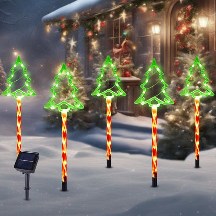 BRIGHTDECK Solar Christmas Pathway Lights Outdoor Decorations, 8 Modes Xmas Tree Candy Lights Waterproof Led Garden Stake Lights for Walkway Yard Lawn Porch Holiday Decor 5-Pack