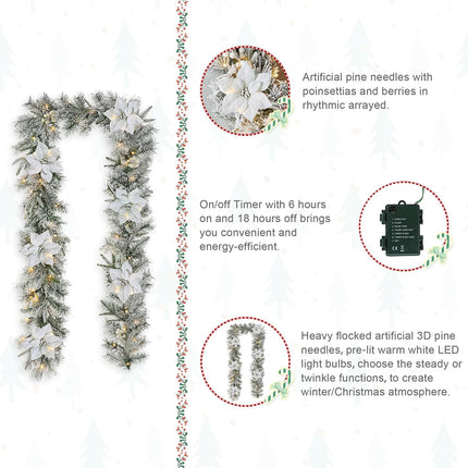 Glitzhome 9ft Pre-Lit Snow Flocked Greenery Pine Poinsettia Christmas Garland, with 50 Warm White Lights with Timer