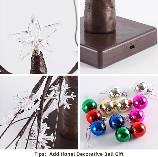 Light up Snowflakes Tree,Mini Christmas Tree,Lighted Trees for Decorations Inside,Room Decor,Battery Operated,with Timer,Table Decorations.（Added 12 Decorative Balls） (Brown)