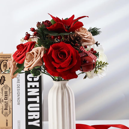 Christmas Flowers Artificial Flowers,Red Poinsettias White Rose and Greenery Deluxe Combo Set for DIY Tree Ornaments Xmas Wreath Floral Arrangements Centerpieces