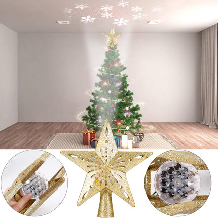 DG-Direct Christmas Tree Topper Lighted Star [Gold],3D Hollow Sparkling Star Christmas Tree Topper with Rotating Magic Cool White Snowflake Projector for Christmas Tree Ornament (Gold)