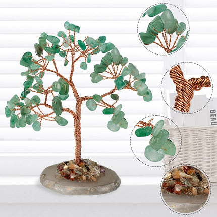 Green Aventurine Crystal Money Tree, Feng Shui Chakra Tree of Life with Geode Agate Slices Base Home Decor for Wealth and Luck.