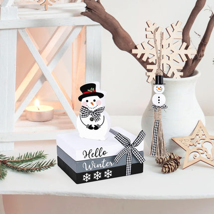 Snowman Wooden Book Stack Decor Set of 5 Christmas Tiered Tray Decor Winter Holiday Mini Book Bundle with Beaded Garland Let it Snow Hello Winter for Shelf Sitter Mantle Table Centerpieces