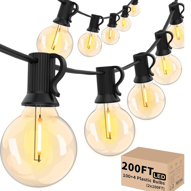 Svater Outdoor String Lights 200 FT, Patio Lights with 104 Shatterproof LED Bulbs, Commercial Grade Waterproof Plastic Hanging Lights for Bistro Backyard Cafe Market, Warm White 2700K (2 X 100 FT)