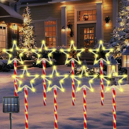 Christmas Decorations Warm White Star Lights Solar Garden Lights, Outdoor Waterproof Landscape Path Lights with Red Stake, 8 Pack 120 LED Solar Outside Christmas Lights for Yard Pathway Lawn Decor