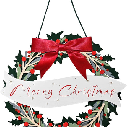 Christmas Wreath for Front Door, Wooden Christmas Door Wreath with Red Ribbon, Merry Christmas Wreath with Foldable Design and Magnets, Hanging Wreath for Holiday Rustic Farmhouse Wall Decor