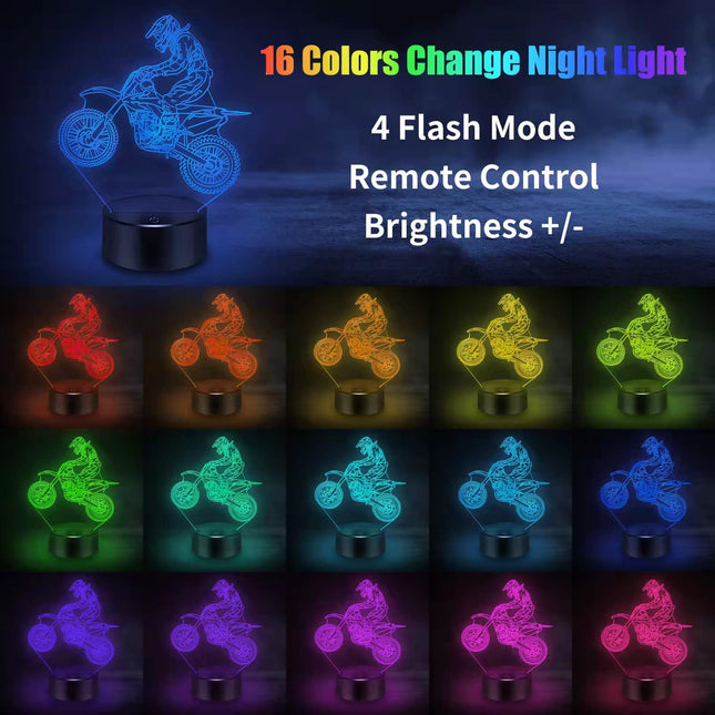 BASSI Dirt Bike 3D Night Light, 16 Colors Changes Remote Control Motorcycle Lamp, LED Dirtbike Decor Toys for Boys Girls Room Birthday Xmas Christmas s for Kids…