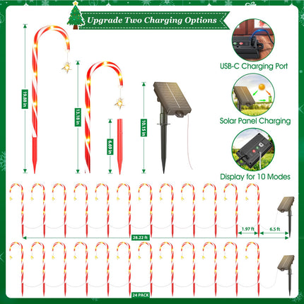 24 Pack Christmas Decorations Outdoor, 56.5ft Long 10 Modes Solar Candy Cane Christmas Pathway Lights Outdoor, Solar Powered and USB Charging, Waterproof Outside Christmas Decorations for Yard Garden