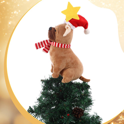 Shappy Dog Christmas Tree Topper Plush Dog Christmas Decoration with Santa Hat and Star Stuffed Christmas Tree Decor Dog Christmas Tree Ornaments for Home Winter Holiday Xmas Party Decorations