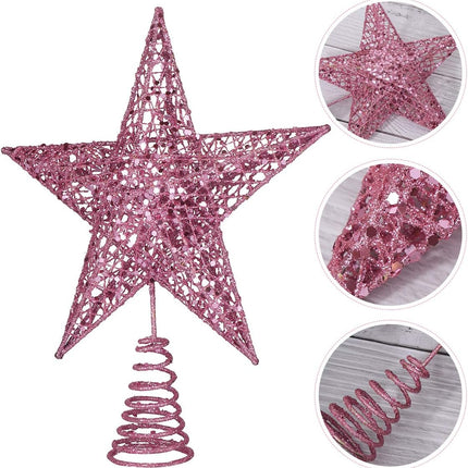 Christmas Tree Topper 10 Inch Pink Glitter Star with Metal Hollow Design Wire Star Treetop for Holiday Christmas Home Decoration