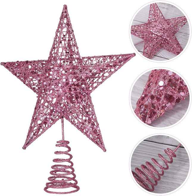 Christmas Tree Topper 10 Inch Pink Glitter Star with Metal Hollow Design Wire Star Treetop for Holiday Christmas Home Decoration