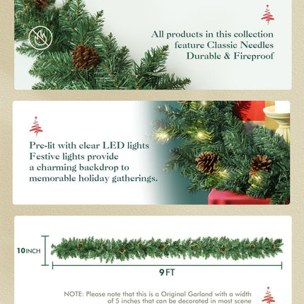 9FT Pre-lit Christmas Garland- with Red Berries & Pine Cone, Holiday Artificial Decor for Stairs Wall Door Indoor, Battery Operated Outdoor Garland with Timer