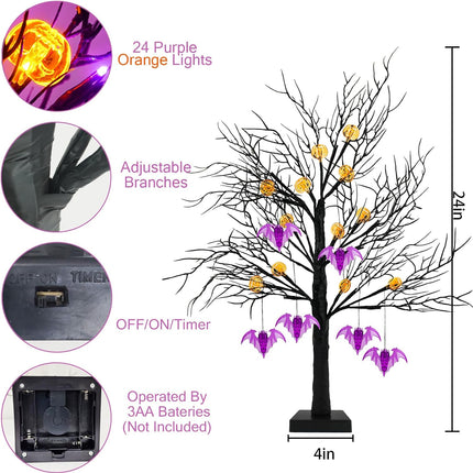 2 Pack 24 Inch Black Halloween Tree Lights, 24 LED Light Up Spooky Tree with Orange & Purple Pumpkin Bat Lights Battery Operated Tabletop Halloween Tree with Timer for Halloween Decorations