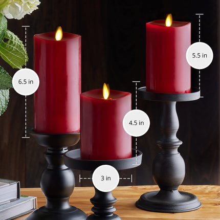 Luminara Realistic Artificial Moving Flame Pillar Candles - Set of 3 - Melted Top Edge, LED Battery Operated Lights - Unscented - Remote Included- 3" x 4.5", 3" x 5.5", 3" x 6.5" (Burgundy)