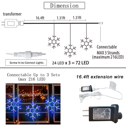 Christmas Snowflake Icicle Lights Outdoor, Blue Hanging 3 Pcs Large Snowflake Window Lights Waterproof Connectable LED Fairy String Lights for Indoor Home Roof Patio Tree Christmas Decoration