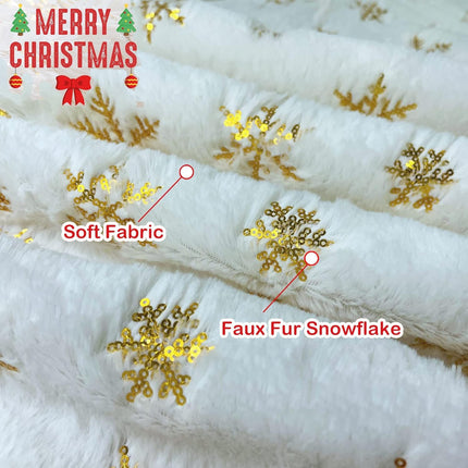 Christmas Tree Skirt 60 Inch, Gold Snowflake White Christmas Tree Decorations Indoor Sequin Tree Collar Faux Fur Plush Rug Xmas Large Mat Decor Ornaments for 4ft-9ft Tree