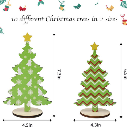 10 Pack Wooden Christmas Tree Tabletop Decorations, 7 Inch 6 Inch Red and Green Plaid Xmas Tree Table Centerpieces Farmhouse Rustic Christmas Decor for Home Shelf Tiered Tray Decor
