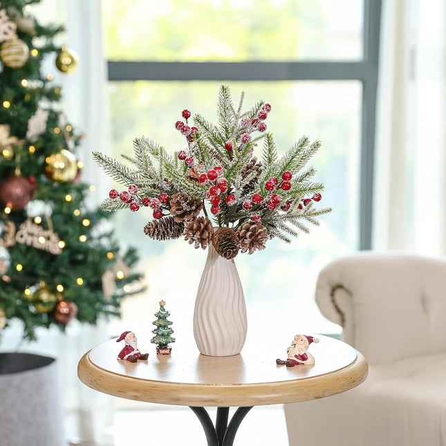 U'Artlines 20Pcs Christmas Red Berry Picks 10 inch Artificial Holly Branches with Red Berry and Pine Cones, Winter Holiday Floral Picks for Xmas Tree DIY Crafts Holiday Party Decoration