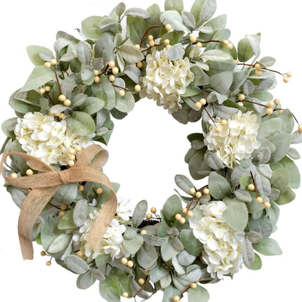 Idyllic 20 Inch Lambs Ears Leaves Everyday Wreath with Ivory Hydrangea and Cream Berries, Spring Summer Greenery Wreath with Burlap Ribbon Bow Knot for Doors, Rustic and Farmhouse Style Home Decor